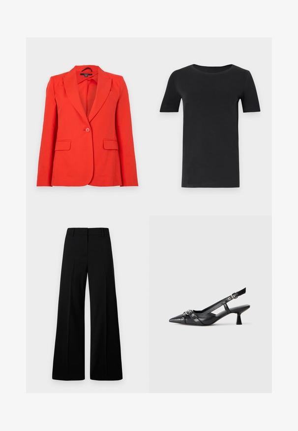 Raudonas pritaikytas švarkas, pagamintas iš lygios medžiagos. Jame yra įpjovos apykaklė, dvi priekinės kišenės, vieno mygtuko užsegimas ir prigludęs dizainas.; Juodas trumpas rankovėmis marškinėlis, pagamintas iš minkštos medvilnės, su apvaliu iškirpimu ir klasikiniu siluetu. Lygus paviršius, be raštų ar puošmenų.; Juodos plačios kelnės su lygaus paviršiaus tekstūra, struktūritu liemeniu ir priekiniu raukšlėjimu. Minimalistinis dizainas be matomų detalių.; Juodas odinis slingback tipo batai su smailiu priekiniu atvartu, dekoratyvinėmis sagtimis su metaliniais akyčiais ir žemu blokiniu kulnu. Saldus paviršius.