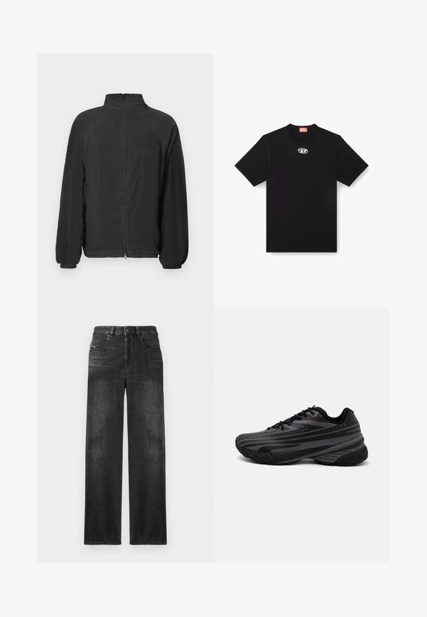 Černá bunda na zip s vysokým límcem, žebrovanými manžetami a strukturovaným materiálem. Na hrudi vyražené logo. Lehká konstrukce.; Černé bavlněné tričko s kulatým výstřihem a krátkými rukávy. Na přední části uprostřed je malé, stříbrné logo vyšívané.; Černé džíny rovného střihu vyrobené z denimu, s pěti kapsami, poutky na opasek a jemným vyblednutím na látce pro texturu.; Černá běžecká bota s texturovaným svrškem zdobeným šedými pruhy. Silná podešev pro odpružení, kulatá špička a ploché tkaničky pro bezpečné uchycení.