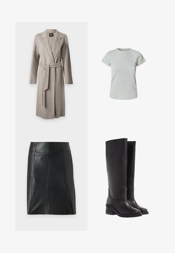 Szürke gyapjú átkötős kabát hosszú ujjal, hajtott gallérral és azonos anyagú derékövvel. Puha tapintása van, és egy elülső nyitott résszel rendelkezik.; Szürke pamutt póló rövid ujjal és kerek nyakkivágással. Simaság, klasszikus fazon, látható minták vagy díszítések nélkül.; Fekete bőr szoknya testhezálló szabással. Sima textúra, varratok, amelyek körvonalazzák a formát, és egyenes szegély. Minimalista és karcsú megjelenés.; Fekete bőr, térdfelett érő csizmák sima textúrával, kerek orral és vastag sarokkal. Finom varrásokkal és letisztult dizájnnal rendelkezik.