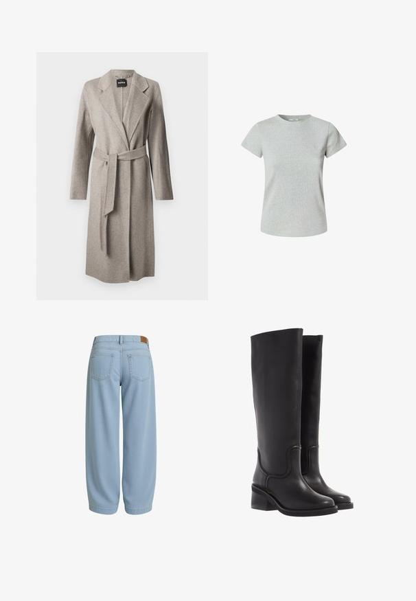 Pilkas vilnos apsiaustas paltas su ilgomis rankovėmis, išpjautomis apykaklėmis ir derančiu diržu. Yra minkšta tekstūra ir vienas priekinis atidarymas.; Pilkos spalvos medvilnės marškiniai su trumpomis rankovėmis ir apvaliu iškirpimu. Lygi tekstūra, klasikinis kirpimas, be matomų raštų ar papuošimų.; Šviesiai mėlyni džinsiniai kelnes su laisvu siluetu, turinčios dvi užpakalines kišenes, diržą su ruduo odiniu ženkliuku ir siaurėjančiais kulkšnumis.; Juodi odiniai iki kelių batai su lygiu paviršiumi, apvali nosimi ir storu kulnu. Pasižymi subtiliu siuvinėjimu ir vientisu dizainu.