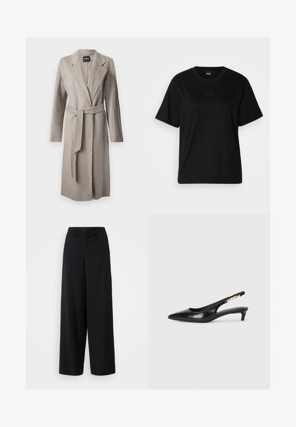 Abrigo de lana gris con mangas largas, solapas en pico y cinturón a juego. Presenta una textura suave y una apertura frontal sencilla.; Camiseta de algodón negra con cuello redondo, mangas cortas y un logo bordado en el pecho. Ajuste simple y relajado sin patrones.; Pantalones de pierna ancha negros, hechos de una tela suave, con un diseño de frente plano, detalles plisados y trabillas en la cinturilla.; Tacones negros de piel sintética tipo slingback con punta afilada, que cuentan con un tacón delgado y un detalle en tono dorado en la correa ajustable. Textura suave.