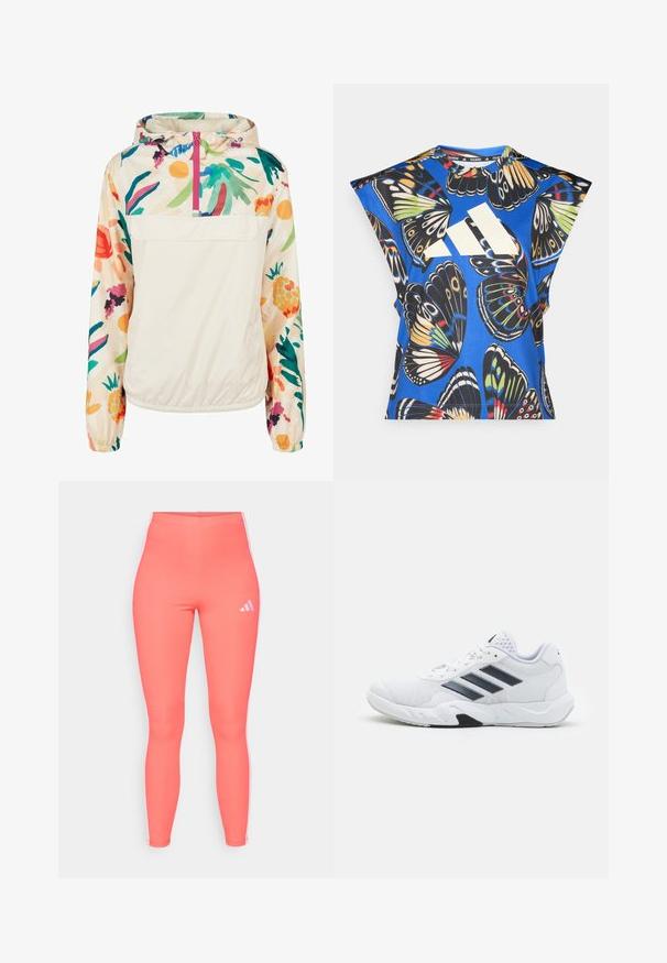 Lightweight, cream pullover jacket with a floral pattern in vibrant colors. Features a front zip, hood, and elastic cuffs for a secure fit.; Blue short-sleeve shirt featuring a vibrant butterfly print in various colors, with a large white logo on the front and a round neckline.; Coral athletic leggings made from stretchy material, featuring white side stripes and a small white logo on the front upper left.; White athletic shoe with mesh upper, three black stripes on the side, textured accents, and a sturdy rubber sole with a contrasting black section.