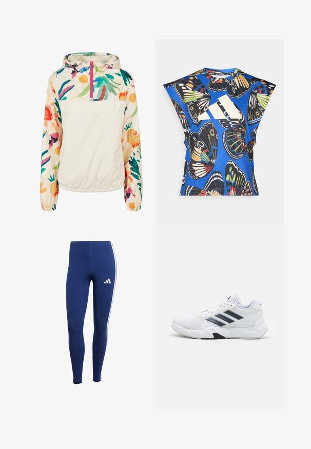 Ľahká, krémová puloverová bunda s kvetinovým vzorom v živých farbách. Obsahuje predný zips, kapucňu a elastické manžety pre bezpečné uchytenie.; Modrá košeľa s krátkym rukávom s živým potlačou motýľa v rôznych farbách, s veľkým bielym logom na prednej strane a okrúhlym výstrihom.; Námornícke modré legíny s bielymi bočnými pruhmi a logom značky na spodnej časti nohy. Vyrobené z elastického materiálu pre pohodlie a pohyb.; Biele športové topánky s ventilovaným vrchom, tromi čiernymi pruhmi po stranách, textúrovanými akcentmi a pevným gumovým podošvom s kontrastnou čiernou časťou.