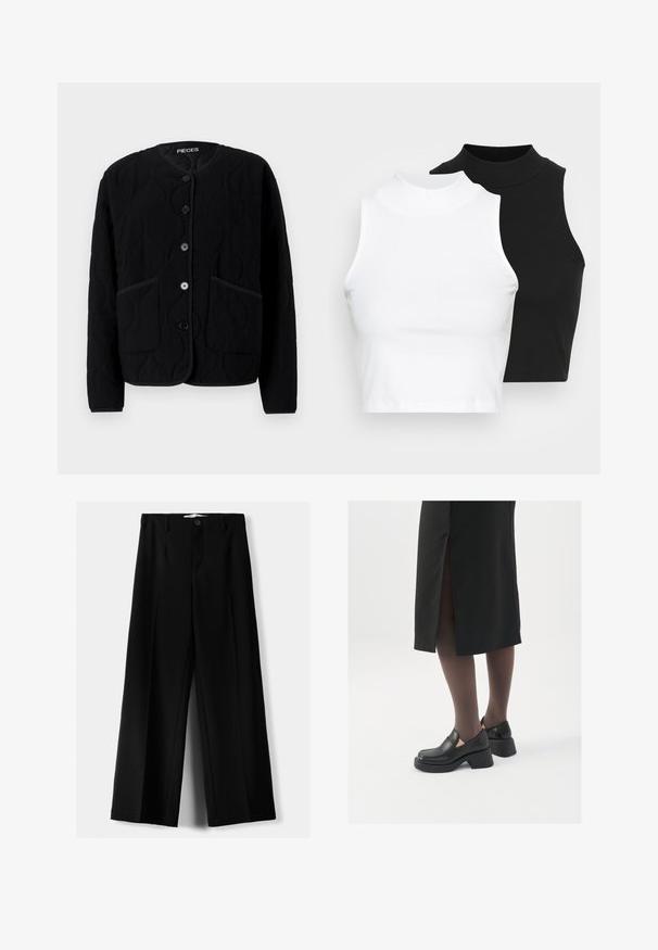 Svart vadderad jacka med rund halsringning, framknäppning och två stora fickor. Har ett strukturmönster med vågor och kontrasterande kant.; Två ärmlösa ribbade polotröjor i svart och vitt, med en figursydd design och slät textur, i en kortad längd.; Svarta vida byxor i lätt material, med knappstängning fram och platt front, samt väl sydda fållar.; Svarta läderskor med rund tå, tjock klack utan häl och elastiska sidodetaljer, kombinerat med mörka strumpbyxor och en svart kjol med slits.