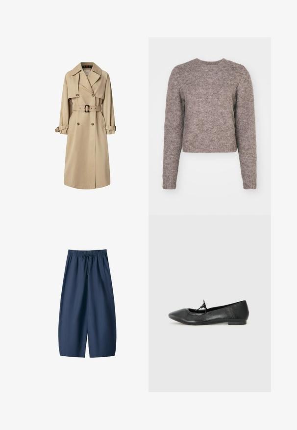 Beige trenchcoat i bomullsblandning; dubbelknäppt design med stora knappar, knytmidja och klafffickor; har ett rutigt foder.; Ljusbrun, cropped sweater med långa ärmar, rund halsringning och ett texturerat stickat tyg. Inga synliga mönster eller hårdvarudetaljer.; Mörkblå shorts av ett smidigt tyg, med elastisk midja och snörning samt två sidfickor. Avslappnad passform, knä-lång design.; Svarta läderballetskor med spetsig tå, texturerad yta och en liten rosettaccent vid framfoten. Låg, platt klack.