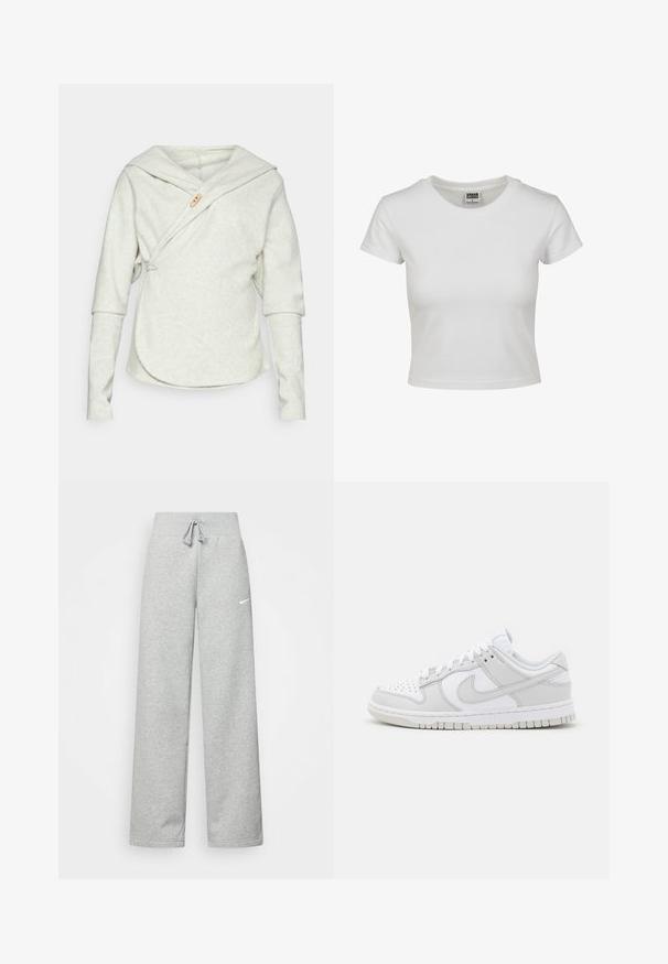 Yogasearcher Fliisjakk - light grey; Valge puuvillane T-särk klassikalise ümmarguse kaelusega, lühikeste varrukatega ja keha vastava lõikega. Mingeid mustreid ega aksessuaare pole nähtaval.; Hallide higi värvi spordipüksid, elastse vöökoht ja paelaga detail, millel on vasakul reiel väike valge Nike logo. Pehme kangas, laiem lõige.; Valged nahast spordijalatsid hallide aktsentidega, perforatsioonidega varvas, lapikud lipsud, pehmendatud krae ja tekstureeritud kummist tallad.