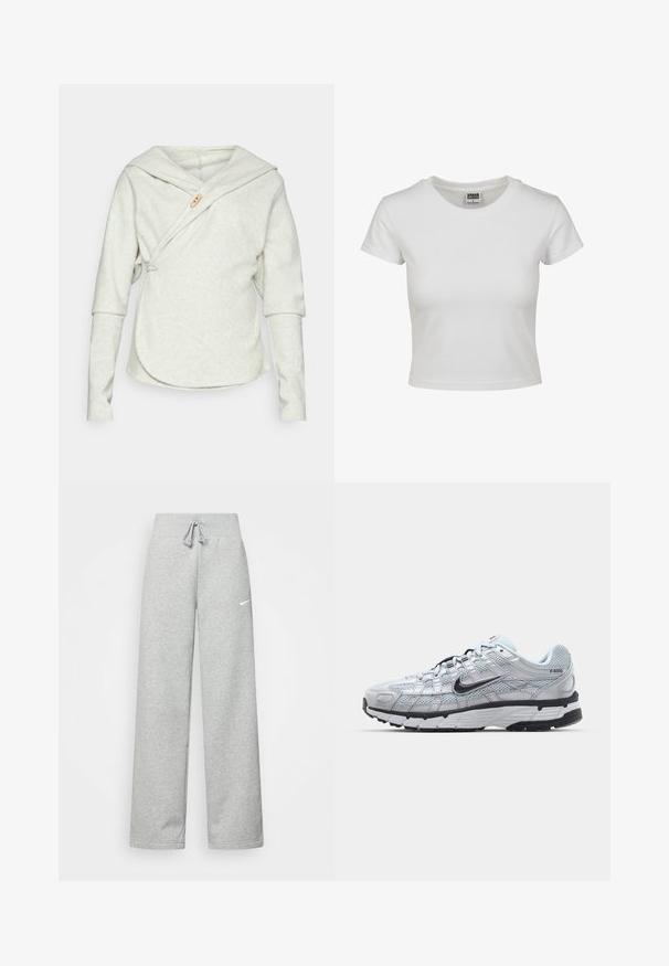Yogasearcher Jachetă din fleece - light grey; Tricou alb din bumbac cu guler clasic, mâneci scurte și o croială fitted. Fără modele sau accente vizibile.; Pantaloni de trening gri, cu talie elastică, detalii cu siret și un mic logo alb Nike pe coapsa stângă. Material moale, croi lejer.; Tenisii Nike P-6000 cu un upper din plasă gri deschis, accente negre și o talpă din cauciuc negru durabilă. Caracterizează un design complex și un sistem de șireturi sofisticat.