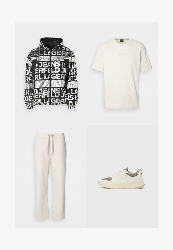 Karl Lagerfeld Jeans LIGHT PADDED JACKET - Light jacket - digital fold; BOSS TEE - Basic T-shirt - open white; Cream-colored casual pants with a drawstring waist and straight legs, displayed against a plain white background.; White and light beige athletic sneaker, featuring a mesh upper, perforated detailing, and a textured midsole with branding on the heel.