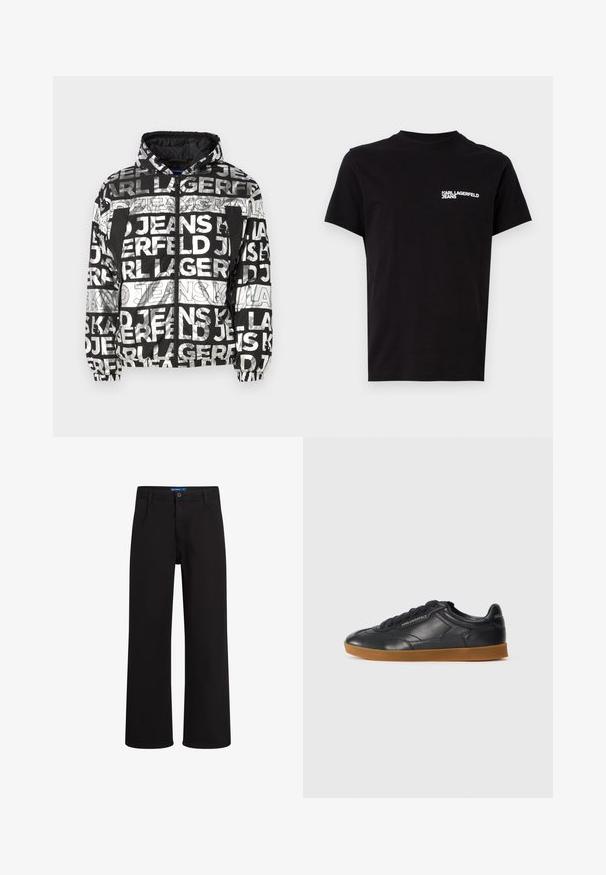 Karl Lagerfeld Jeans LIGHT PADDED JACKET - Light jacket - digital fold; Black t-shirt made of cotton, featuring a crew neck and short sleeves. Notable white logo text on the left chest area. Simple design.; Black straight-leg pants with button and zip closure, belt loops, and side pockets, displayed against white background.; Black leather sneaker with a rounded toe, lace-up front, and contrasting gum rubber sole. Features embossed branding on the side and back.