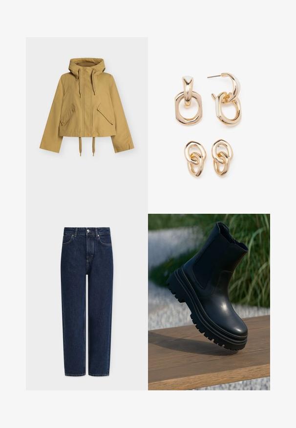 Īsi griezta dzeltena jaka ar kapuci, kurai ir divas diagonālas priekšējās kabatas, auklu pieguļošs apakšmala un gluda, matēta tekstūra.; Gaiši zils, īss adīts džemperis ar taisnu apkakli un piecu pogu aizdari. Ir garas piedurknes un ribota tekstūra apakšmalā.; Tumši zili džinsa džinsi ar taisnu kāju, augstu vidukli, sudraba metāla detaļām, priekšējām kabatām un smalkām šuvju detaļām. Klasisks piecu kabatu dizains.; Melnas ādas potīšu zābaki ar masīvu zoli, elastīgiem sānu paneļiem un gludu apdari. Paaugstināts dizains ar kontrastējošu zoles rakstu.; Zelta toņa auskari ar ģeometrisko formu maisījumu: kvadrāts, aplis un saistīti ovālie dizaini ar pulētu apdari.