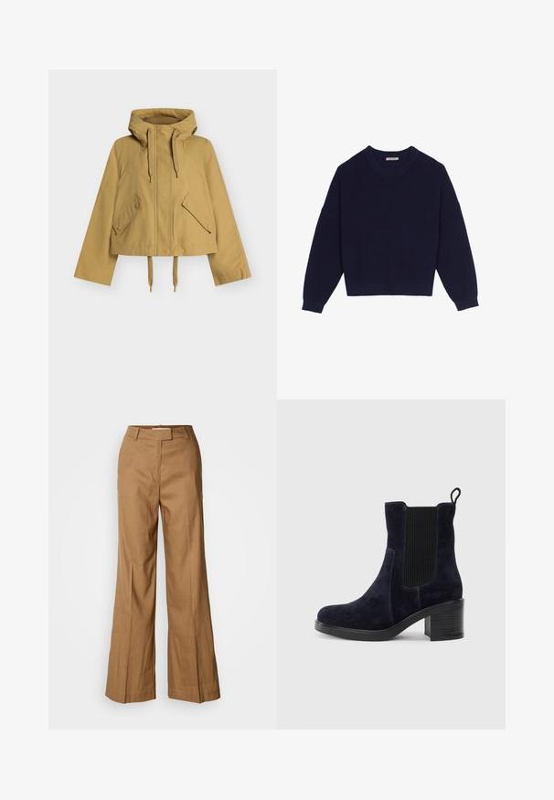 Krátká žlutá bunda s kapucí, vybavená dvěma šikmými předními kapsami, stahováním v pase a hladkou matnou texturou.; Námořnická modrá pletená svetr s ribkovanou strukturou, kulatým výstřihem, spadlými rameny a zkráceným lemem. Měkká látka s dlouhými rukávy.; Hnědé široké kalhoty vyrobené z lehké tkaniny. Mají plochý přední díl, poutka na pásek a upravený siluetu s délkou ke kotníkům.; Námorně modré semišové kotníkové boty s elastickým bočním panelem, kulatou špičkou a blokovým podpatkem. Texturovaná tkanina a hladká podrážka vytvářejí kontrast.