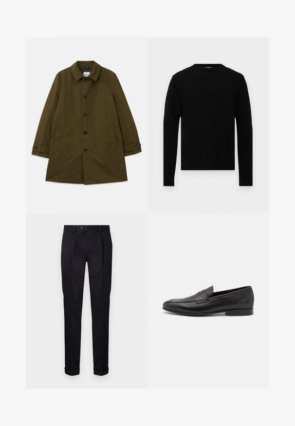 Cappotto verde oliva con colletto classico, chiusura frontale con bottoni, due tasche laterali e polsini regolabili. Tessuto liscio con una silhouette strutturata.; Filippa K SWEATER - Maglione - black; Pantaloni neri su misura realizzati in tessuto liscio, con fronte piatto, due pieghe frontali e orli con risvolto per un aspetto pulito e strutturato.; Mocassino da uomo in pelle nera con tacco basso e design classico a striscia, mostrato in profilo laterale su sfondo bianco.