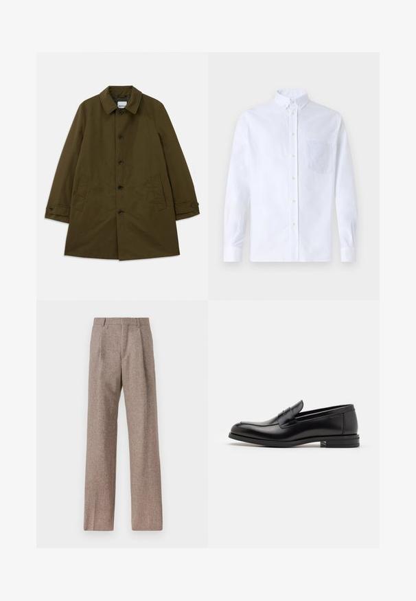 Maslinasto zeleni kaput s klasičnim ovratnikom, prednjim kopčanjem na dugmad, dvjema bočnim džepovima i podesivim manžetama. Glatka tkanina s izraženom siluetom.; Bijela košulja s dugim rukavima na dugme, izrađena od pamuka, s džepom na prsima s ton-sur-ton vezom, ovratnikom i dugmadi na manžetama.; Smeđe, hlače viskog struka od teksturiranog materijala. Imaju široke nogavice i dva prednja pregiba za strukturu. Uređen završetak bez vidljivih metalnih dijelova.; Crni kožni mokasini s glatkom teksturom, zaobljenim prstima i ukrasnom trakom preko prednjeg dijela. Niski slojeviti potplat, minimalistički dizajn.