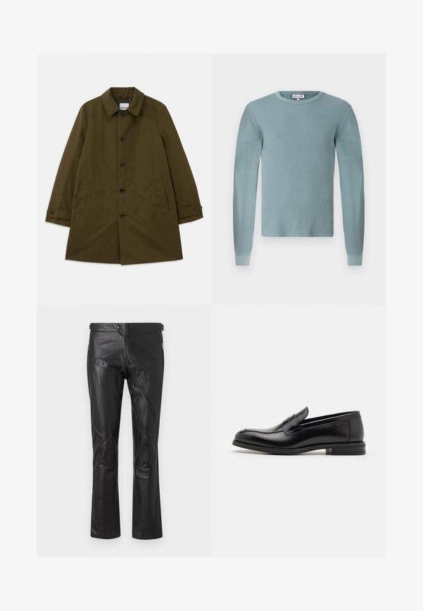 Oliivinvihreä takki, jossa on klassinen kaulus, etupainike- kiinnitys, kaksi sivutaskua ja säädettävät hihansuut. Silkkinen kangas ja jämäkkä siluetti.; Vaaleansininen pitkähihainen paita, jossa on ribattua tekstuuria ja pyöreä pääntie. Varustettu istuvilla hihansuilla ja yksinkertaisella bränditunnuksella kauluksessa.; Mustat nahkahousut suoranlahkeisella muotoilulla, joissa on vetoketjulliset taskut, polvipaikat ja säädettävät vyötäröyksityiskohdat. Tasainen pinta.; Mustat nahkakengät, joissa on sileä pinta, pyöreä kärki ja koristeellinen nauha jalkapöydän yli. Matala pinoitu koroke, minimalistinen muotoilu.