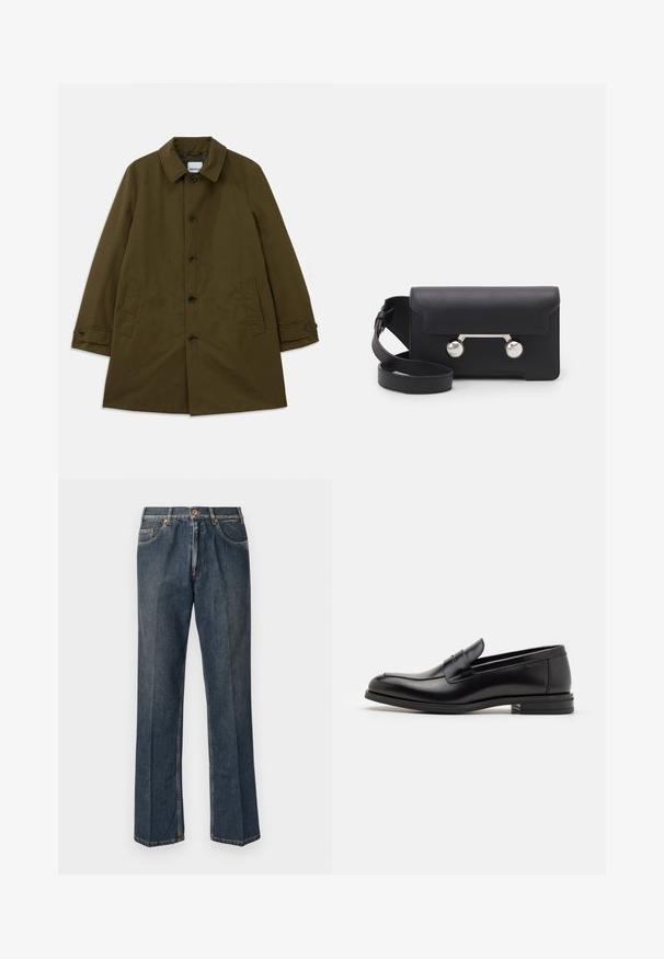 Oliivroheline mantel klassikalise kraega, eesnööbiga kinnitus, kaks küljetaskut ja reguleeritavad varrukad. Sile kangas koos struktureeritud siluettiga.; Tumedat sinise lühikeste varrukatega T-särk, millel on valge tekst "neanche per sogno" keskel rinnal, ümmargune kaelus, keskmine suurus.; Tumedast sinised sirged teksapüksid, millel on ees nupp, tõmblukk, kaks eesmist taskut ja nähtavad vertikaalsed kortsud pükste jalgu pidi.; Mustad mustad nahast loafers sileda tekstuuriga, ümarat ninaosa ja dekoratiivne riba vampi üle. Madal kihiline konts, minimalistlik disain.; Must со хsaid crossover kottiga black nahka, mis on varustatud klapiga sulgemisega, hõbedased detailid ja kaks ümmargust aksessuaar. Omab eemaldatavat rihma. Sile tekstuur.