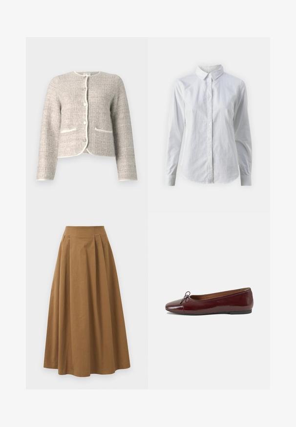 Abercrombie & Fitch Novelty Button Tweed-Inspired Sweater Jacket - Übergangsjacke - neutral melange; Weißes Hemd mit Knöpfen, aus glattem Baumwollstoff, mit klassischem Kragen, langen Ärmeln und abgerundetem Saum. Die Knöpfe sind klein und weiß.; Brauner Baumwoll-A-Linien-Rock mit hoher Taille, der vorne Falten aufweist und eine glatte Textur hat. Der Saum ist sauber und einfach verarbeitet.; Burgunderfarbenes, lackiertes Ballettschuh mit abgerundetem Zehenbereich, kleiner Schleifenakzent vorne und einer niedrigen, schwarzen Gummisohle. Glatte Textur.