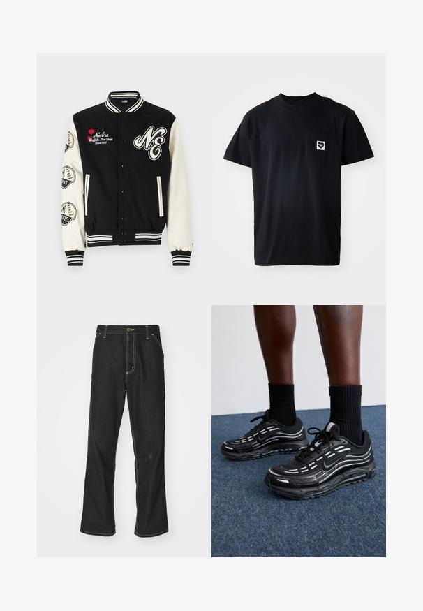 New Era PATCH VARSITY - Bombera - black; Čierne bavlnené tričko s okrúhlym výstrihom, krátkymi rukávmi a vreckom na ľavej strane hrudi, ktoré zdobí srdcovité logo v bielej farbe.; Čierne denimové nohavice s voľným strihom, s kontrastným bielym prešívaním, uzáverom na gombík a rovnými nohavicami.; Čierne tenisky Nike majú sieťkový zvršok s akcentovými pruhmi, textúrovaným šnurovaním a čiernu gumovú podrážku. Nosené s čiernymi rebrovanými ponožkami.