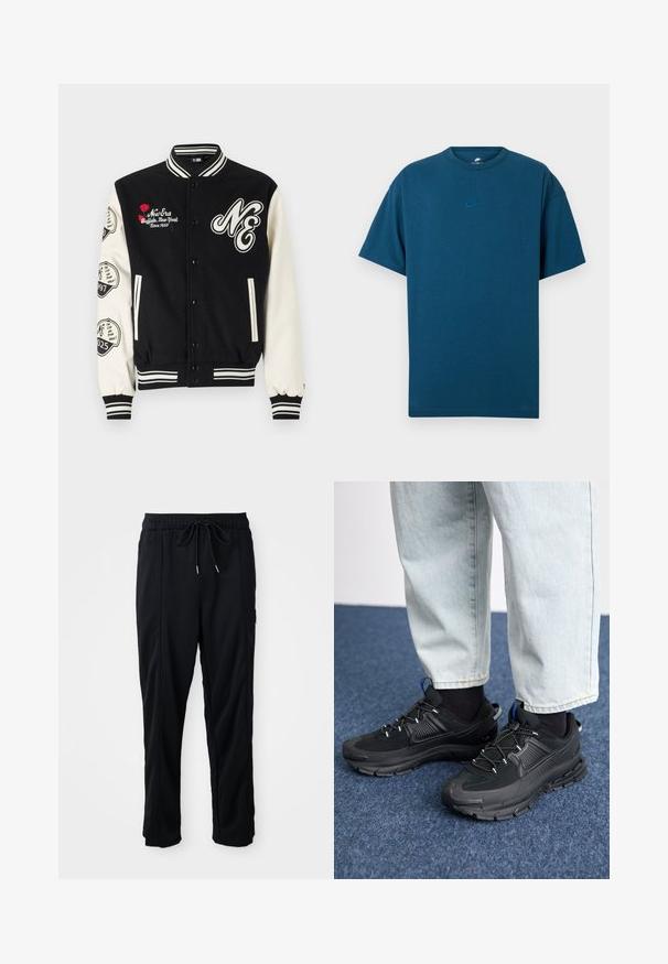 New Era PATCH VARSITY - Bomber Jacket - black; Blue cotton T-shirt featuring short sleeves, a crew neckline, and a small, light blue Nike logo on the chest. Soft texture, relaxed fit.; Black drawstring waist casual pants with side seam pockets and straight leg cut on a plain background.; Black athletic shoes with textured fabric and rubber soles, featuring elastic laces and a blue accent on the heel. Worn with light denim pants.