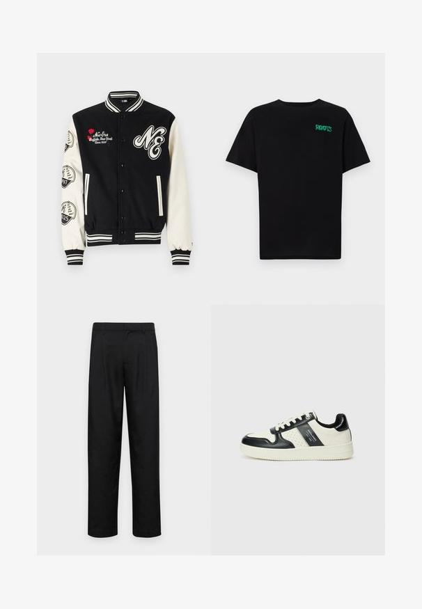 New Era PATCH VARSITY - Bomberjakke - black; Sort t-shirt lavet af bomuld med korte ærmer. Har et grønt "ROOTS" logo på forsiden, rund halsudskæring og almindelig pasform.; Sorte bukser lavet af glat stof, med et lige ben-design, to frontfolder og en standard talje med bæltestropper.; Lædersneakers i sort og creme farveskema, med perforerede detaljer, en polstret krave og en struktureret ydersål.