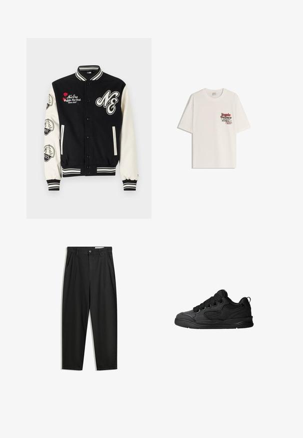 New Era PATCH VARSITY - Bomber dzseki - black; Fehér pamut póló rövid ujjakkal és kerek nyakkivágással. Az elülső bal mellkas részen piros és fekete szöveggel nyomtatott grafika található.; Fekete pamut nadrág laza szabással, klasszikus derékrésszel, elülső hajtásokkal és oldalsó zsebekkel. Simább textúra minta nélkül.; Fekete sportcipő texturált felsőrésszel, fűzőkkel, légáteresztő hálós részletekkel, párnázott bokarésszel és tartós talppal.