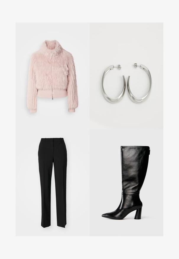Ružičasta lažna krznena kratka jakna s visokim ovratnikom, detaljima od rebrastog ruba i prednjim zatvaračem. Tekstura s vertikalnim prugama.; Bijela pamučna majica s kratkim rukavima, okruglim izrezom i opuštenim krojem. Glatka tekstura, bez uzoraka ili akcenata, minimalistički dizajn.; Crne krojene hlače ravnog kroja, s glatkom teksturom i oštrim pregibima naprijed. Bez vidljivih metalnih dijelova.; Knežni čizmasti čizmice od crne kože, s oštrim vrhom, glatkom teksturom i debelim potplatom. Imaju detalj sa zatvaračem na stražnjoj strani.; Srebrne kružne naušnice s glatkim, zakrivljenim dizajnom. Imaju sjajnu metalnu završnu obradu i kopču na tipku. Nema vidljivih uzoraka ili ukrasa.
