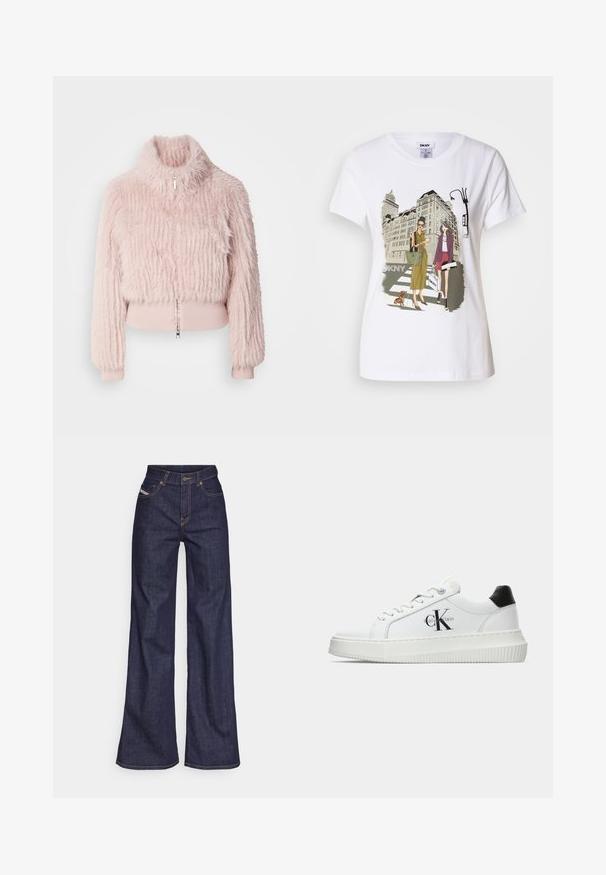 Veste cropped en fausse fourrure rose avec un col haut, des détails en bord-côte aux poignets et une fermeture éclair à l'avant. Surface texturée avec des rayures verticales.; T-shirt en coton blanc avec une illustration imprimée de deux femmes en styles de mode urbaine, accompagnées d'un chien sur un passage piéton, avec des bâtiments de la ville en arrière-plan.; Jeans ample bleu foncé en denim avec taille haute, ornés de surpiqûres orange, d'un design à cinq poches et d'une fermeture à bouton.; Baskets basses blanches avec un tab de talon noir, semelle plateforme, lacets et logo "CK" de Calvin Klein sur le côté.