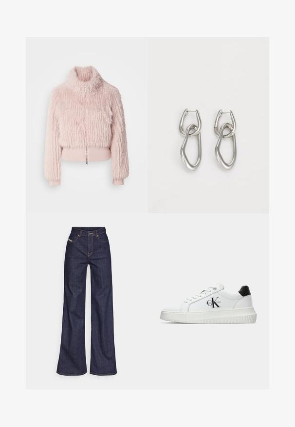 Veste cropped en fausse fourrure rose avec un col haut, des détails en bord-côte aux poignets et une fermeture éclair à l'avant. Surface texturée avec des rayures verticales.; T-shirt en coton blanc avec une illustration imprimée de deux femmes en styles de mode urbaine, accompagnées d'un chien sur un passage piéton, avec des bâtiments de la ville en arrière-plan.; Jeans ample bleu foncé en denim avec taille haute, ornés de surpiqûres orange, d'un design à cinq poches et d'une fermeture à bouton.; Baskets basses blanches avec un tab de talon noir, semelle plateforme, lacets et logo "CK" de Calvin Klein sur le côté.; Calvin Klein STATEMENT LINKS - Boucles d'oreilles - silver-coloured