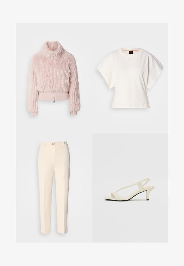 Roze nepbont cropped jasje met een hoge kraag, geribde manchetten en een ritssluiting aan de voorkant. Gegevenseerd oppervlak met verticale strepen.; Witte gecropte T-shirt, korte brede mouwen, zachte katoenmaterialen, ronde halslijn met subtiele oranje rand, minimalistisch ontwerp, geen patronen of graphics.; Crèmekleurige, hooggerocalde broeken van een gestructureerde stof. Voorzien van een sluiting met knoop aan de voorkant en taps toelopende pijpen.; Beige blockhak sandalen met dunne bandjes en een vierkante neus. Glad materiaal met minimale details, ontworpen voor eenvoudig dragen.