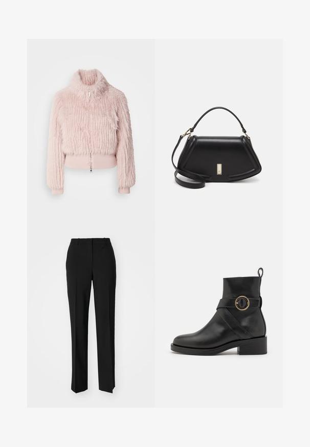 Pink faux fur cropped jacket with a high collar, ribbed cuff details, and a front zipper. Textured surface with vertical stripes.; Black cotton t-shirt with a crew neckline, short sleeves, and an embroidered logo on the chest. Simple, relaxed fit with no patterns.; Black tailored trousers with a straight-leg design, featuring a smooth texture and crisp creases along the front. No visible hardware.; BOSS IRYNA BOOTIE - Platform ankle boots - black; Black leather handbag with a structured design, featuring a cropped shape, top handle, and gold hardware accent. Adjustable shoulder strap included.
