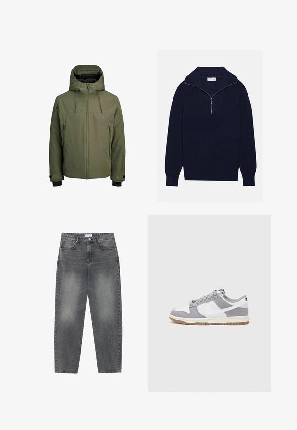 Chaqueta impermeable verde oliva con capucha extraíble, cierre delantero y dos bolsillos laterales con cremallera. Cuenta con puños ajustables y una textura suave.; Suéter de punto azul marino con cuello de media cremallera, que presenta una textura acanalada y un diseño en forma de V en la parte delantera. Manga larga y dobladillo ajustado.; Jeans de cintura alta y corte holgado en denim negro desgastado. Con cinco bolsillos, pasadores para el cinturón y un diseño de pierna recta y limpia.; Zapatilla gris y blanca con parte superior de ante y cuero, puntera redondeada, cordones planos y suela de goma con un acento de goma.