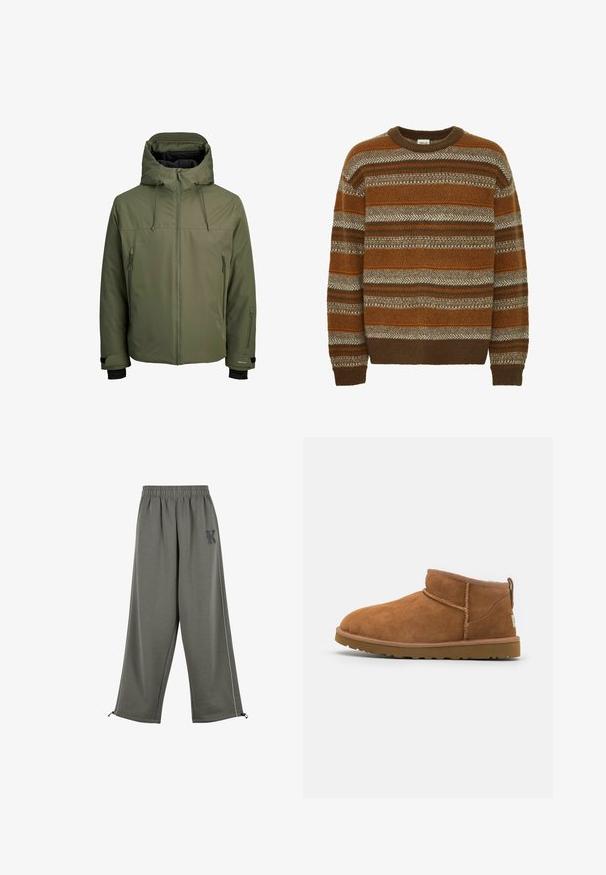 Olive green waterproof jacket with a removable hood, front zipper, and two side zip pockets. Features adjustable cuffs and a smooth texture.; Solid SDMAXWELL - Jumper - slate black; Karl Kani KK OS SIDESTRIPE - Trousers - grey; Tan suede ankle boot with a rounded toe, subtle stitching details, and a textured rubber sole. Short height without laces.