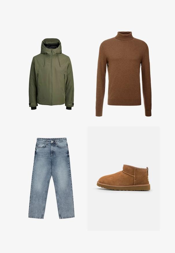 Giacca impermeabile verde oliva con cappuccio rimovibile, zip frontale e due tasche laterali con zip. Presenta polsini regolabili e una texture liscia.; Maglione dolcevita marrone realizzato in tessuto morbido, con maniche lunghe, polsini a coste e un design aderente senza motivi visibili.; Jeans in denim azzurro chiaro con taglio a gamba dritta, cuciture visibili, design a cinque tasche e chiusura a bottoni in vita.; Stivaletto in camoscio color tan con punta rotonda, dettagli di cucitura discreti e suola in gomma texture. Altezza ridotta senza lacci.