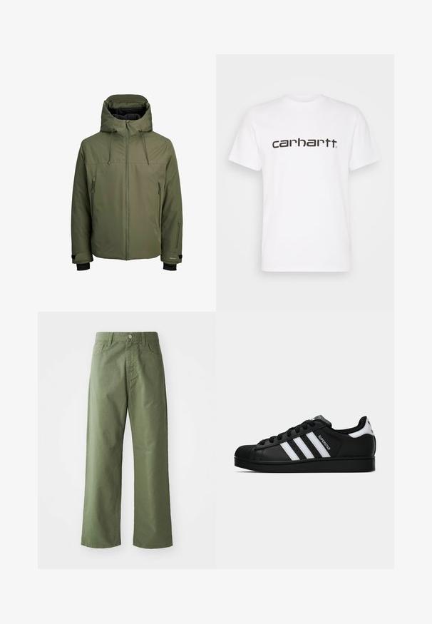 Giacca impermeabile verde oliva con cappuccio rimovibile, zip frontale e due tasche laterali con zip. Presenta polsini regolabili e una texture liscia.; T-shirt bianca in cotone con maniche corte e scollatura rotonda. Presenta un grande logo "Carhartt" in marrone scuro sul petto.; Pantaloni larghi verde oliva realizzati in cotone. Presentano passanti per cintura, chiusura con bottone frontale e tasche laterali. Texture liscia.; Sneaker nera Adidas Superstar con strisce bianche, punta a conchiglia e testo "Superstar" su un lato, mostrata in profilo laterale su sfondo bianco.
