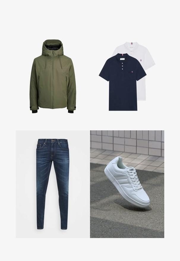 Olijfgroene waterdichte jas met een afneembare capuchon, een ritssluiting aan de voorkant en twee zijzakken met rits. Voorzien van verstelbare manchetten en een gladde textuur.; Twee polo shirts: één marineblauw en één wit, beide met een kleine rood, wit en blauwe accent op de borstzak en kraag.; Donkerblauwe denim jeans met een slim fit, subtiele vervaging, vijf zakken en een metalen knoopsluiting. Gestikte accenten in contrasterende kleur.; Witte sportsneaker met een glad leren bovenwerk, vetersluiting aan de voorkant, geperforeerde neus en een geprofileerde zool. Minimalistisch ontwerp met drie zijstrepen.