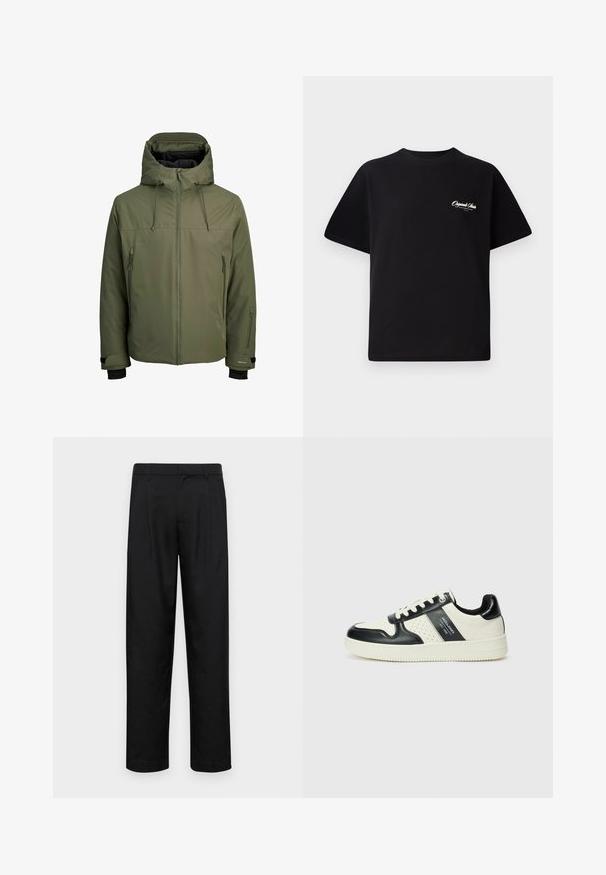 Olivgrüne wasserdichte Jacke mit abnehmbarem Kapuzen, Frontreißverschluss und zwei seitlichen Reißverschlusstaschen. Verfügt über verstellbare Manschetten und eine glatte Textur.; Schwarzes Baumwoll-T-Shirt mit Rundhalsausschnitt, kurzen Ärmeln und kleinem weißen Logotext auf der linken Brust. Schlichtes Design, klassischer Schnitt.; Schwarze Hose aus glattem Stoff, mit geradem Bein Design, zwei vorderen Falten und einem Standardbund mit Gürtelschlaufen.; Leder-Sneaker in Schwarz- und Cremetönen, mit perforierten Akzenten, einem gepolsterten Kragen und einer strukturierten Laufsohle.