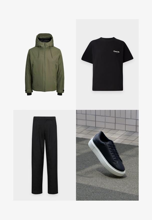 Olīvu zaļa ūdensnecaurlaidīga jaka ar noņemamu kapuci, priekšējo rāvējslēdzēju un divām sānu kabatām ar rāvējslēdzēju. Tās iezīmes ir regulējami aproces un gluda tekstūra.; Melnas kokvilnas t-krekls ar apaļu kakla izgriezumu, īsām piedurknēm un maziem baltiem logotipa uzrakstiem kreisajā krūšu daļā. Vienkāršs dizains, klasiskā piegriezne.; Melnas bikses, izgatavotas no gludas auduma, ar taisnu kāju dizainu, divām priekšējām krokām un standarta jostu, kurai ir āķi.; Melnas ādas kedas ar noapaļotu pirkstu un baltu gumijas zoli. Iespējas - plakanas šņorītes un minimāla apdare augšdaļā. Struktūrēta zole, lai nodrošinātu saķeri.