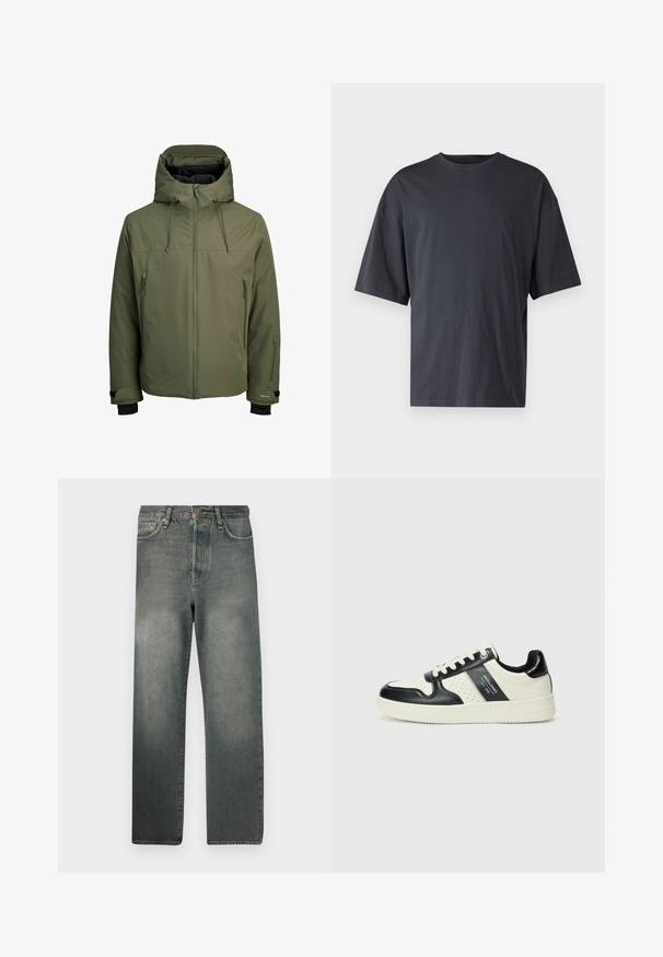 Olivově zelená nepromokavá bunda s odnímatelnou kapucí, předním zipem a dvěma postranními zipovými kapsami. Disponuje nastavitelnými manžetami a hladkou texturou.; Tmavě šedé tričko s krátkým rukávem vyrobené z lehké bavlny, s volným střihem a klasickým kulatým výstřihem, s jednolitou strukturou a bez vzorů.; Jack & Jones JJIALEX JJCOOPER - Baggy džíny - black denim; Kožené tenisky s černobílou barevnou kombinací, které mají perforované detaily, polstrovaný límec a texturovanou podrážku.