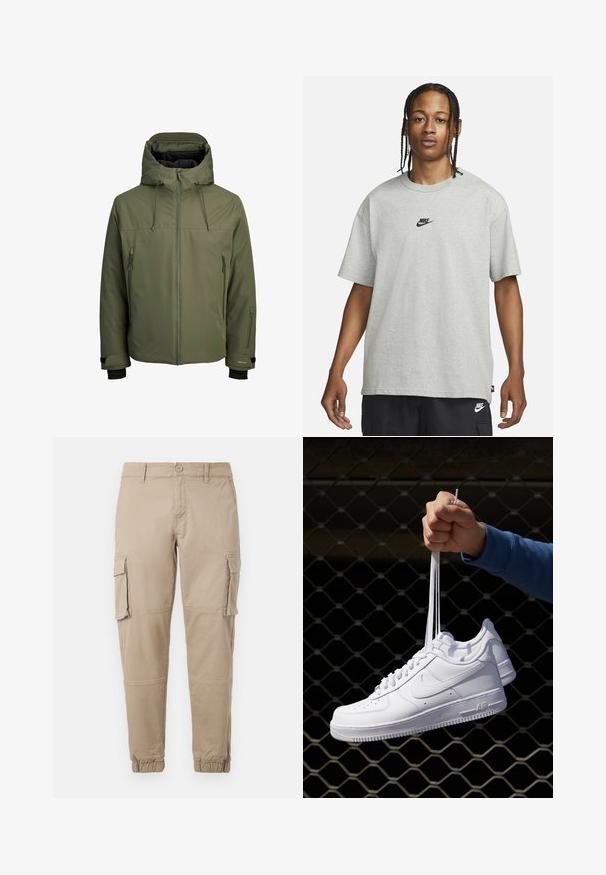 Olive green waterproof jacket with a removable hood, front zipper, and two side zip pockets. Features adjustable cuffs and a smooth texture.; Young person with braided hair wearing a light gray Nike T-shirt and black Nike shorts against a plain white background.; Beige cargo pants in a lightweight cotton material. Features elastic cuffs, multiple side pockets, and a button closure.; White leather sneakers with perforations, round toe, flat sole, and thick laces, featuring a visible swoosh logo and "AIR" on the heel.