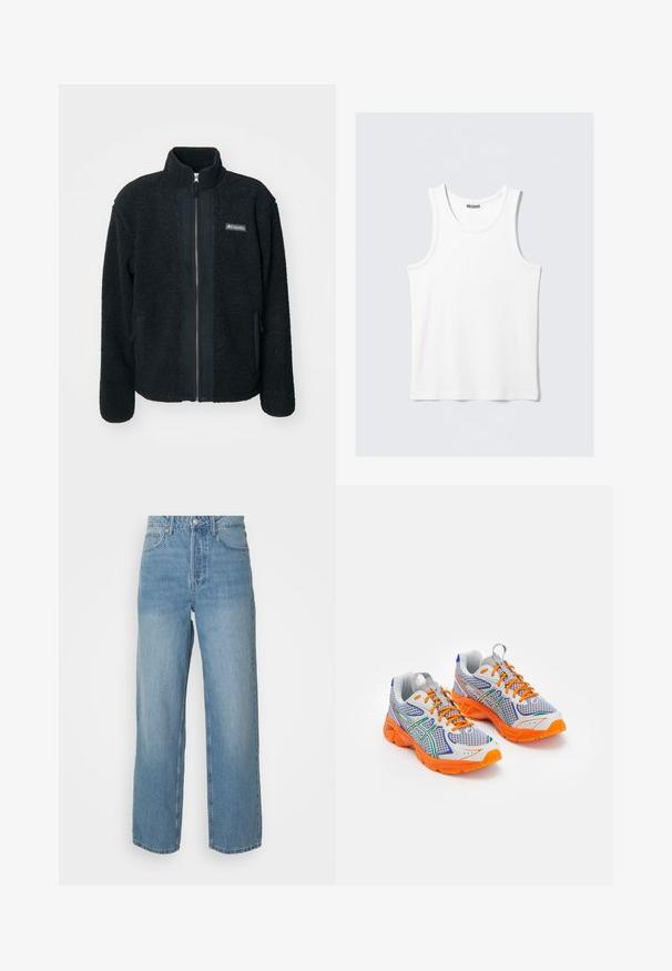 Columbia BLACK MESA™ BOUCLE - Forro polar - black; Top blanco sin mangas con escote redondo y tirantes anchos. Hecho de una tela suave y ligera, con un diseño minimalista sin estampados.; Jeans de denim azul claro de cintura alta con piernas rectas, cierre frontal con botón y estilo de cinco bolsillos sobre fondo liso.; Zapatillas deportivas con parte superior de malla en blanco, acentuadas con detalles en púrpura, verde y naranja. Cuello acolchado y suela texturada naranja.