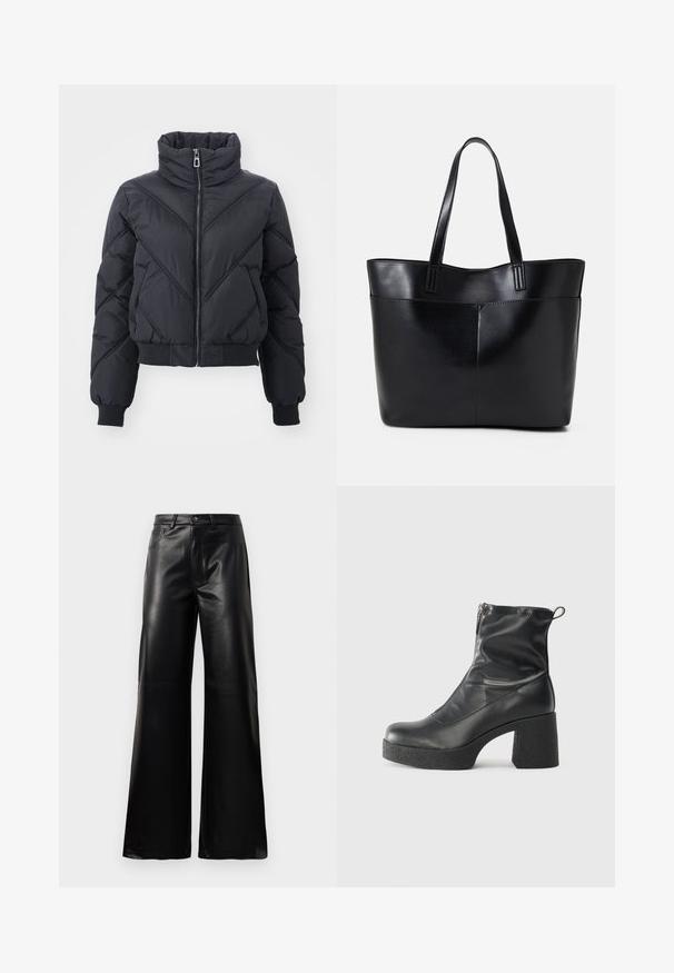 ONLY ONLTAMARA QUILTED JACKET - Winter jacket - schwarz; Black ribbed long-sleeve fitted sweater with a round neckline, displayed against a plain light background.; Black high-waist wide-leg faux leather pants with front button, zip closure, belt loops, and side pockets on white background.; Black ankle boots made of smooth leather, featuring a side zipper, chunky textured heel, and rounded toe design.; Black leather tote bag with two long handles, a smooth texture, and a structured shape. Features a front pocket for additional storage.