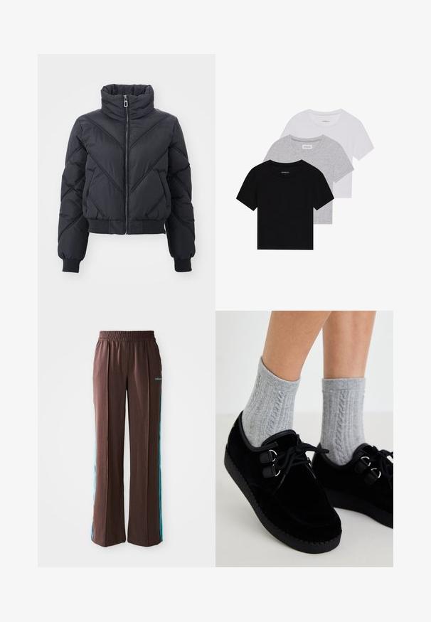 ONLY ONLTAMARA czarny; Zestaw trzech koszulek z krótkim rękawem w kolorze czarnym, szarym i białym. Wykonane z bawełny, z okrągłym dekoltem i prostym, jednolitym wzorem.; Brązowe spodnie sportowe o ribbowanej fakturze, z elastycznym pasem i turkusowymi paskami po bokach. Posiadają logo adidas z przodu.; Czarne welwetowe buty z płaską podeszwą, okrągłym czubkiem i podwójnymi oczkami. Noszone z szarymi skarpetami w warkocze. Gładka tekstura i prosty design.