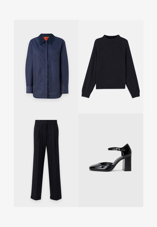 Tummansininen pitkähihainen takki, jossa on terävä kaulus, etutasku ja sileä kangas. Takissa on kontrastiväri sisävuori punaisena ja keltaisena.; Tumma laivansinisestä neuleesta, jossa on pyöreä kaula-aukko, pitkät raglan-hihat, ribbireunat ja suora helma. Valmistettu pehmeästä, tekstuuripintaisesta neulemateriaalista.; Musta raidallinen housut, joissa on säädettävä istuvuus, varustettuna kääntölahkeilla ja etukäpälillä. Valmistettu sileästä kankaasta, jossa on jämäkkä muotoilu.; Musta lakattu nahkainen korkokenkä neliskanttisen kärjen, nilkkaremmin ja paksun koron kanssa. Mukana reikäkuviointi reunassa.