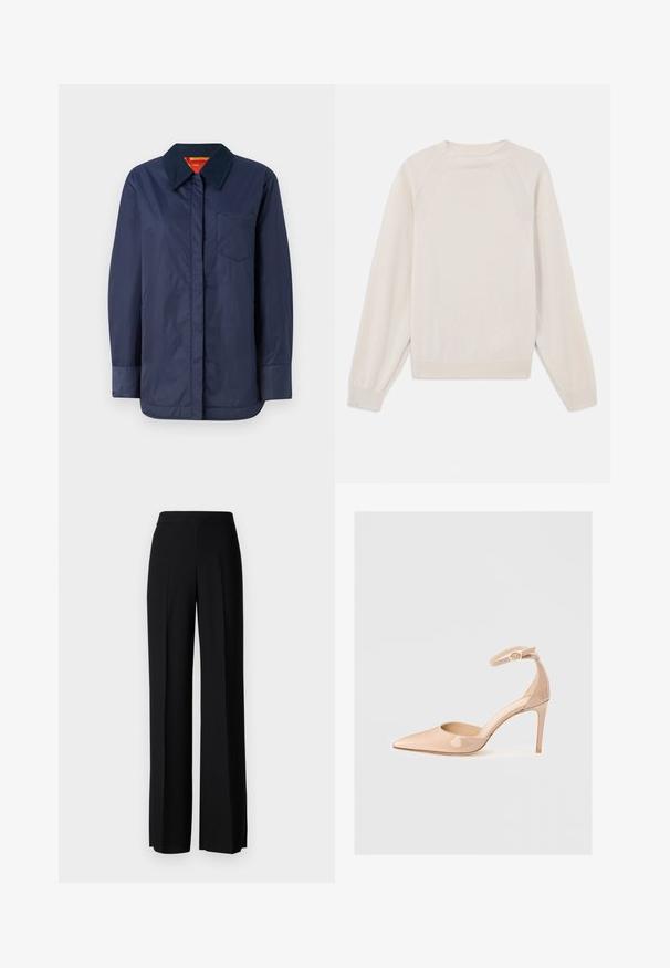 Mornarško modra jakna z dolgimi rokavi, s koničastim ovratnikom, sprednjim žepom in gladko teksturo. Ima kontrastno notranjo podlogo v rdeči in rumeni barvi.; Svetlo smetanast pulover iz mehkega pletenega blaga. Ima okroglo ovratnik, dolge rokave ter rebraste manšete in rob, z raglan rokavi.; Črne široke hlače z gladko teksturo, z visokim pasom in središnjimi pregibi. Brez vidnih vzorcev ali kovinskih detajlov.; Nude lakirani čevlji s koničastim prstom, z naramnicami in stiletto peto, ki se ponašajo z gladko teksturo in minimalističnim dizajnom.