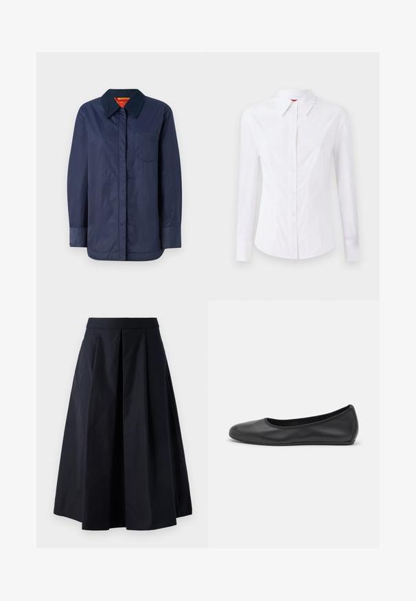Mørkeblå langermet jakke med spISS krage, frontlomme og glatt tekstur. Har en kontrastfarge innvendig i rød og gul.; Hvit langermet skjorte med spiss krage, frontlukking med knapper og figurnær design. Glatt bomullsstoff med subtile søm detaljer.; Svart A-line skjørt laget av glatt stoff, med folder og bred midjebånd. Skjørtet faller til rett over anklene.; Svart skinnballettflatt med rund tå, glatt tekstur, minimal sømdetalj, og et fleksibelt såledesign.