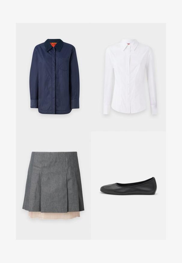 Mørkeblå langærmet jakke med spidse krave, frontlomme og glat tekstur. Har en kontrasterende indvendig foring i rød og gul.; Hvid langærmet skjorte med spids krave, frontlukning med knapper og tætsiddende design. Glat bomuldsstof med subtile syninger.; Grå plisseret nederdel med en tekstureret overflade, der har et semi-gennemsigtigt lyserødt plisseret underlag og en sidelukning med lynlås.; Sort læderballetsko med rund tå, glat tekstur, minimal syning og et fleksibelt såldesign.