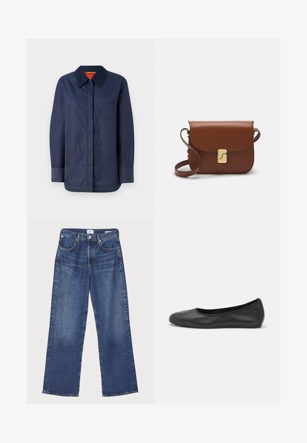 Mornarško modra jakna z dolgimi rokavi, s koničastim ovratnikom, sprednjim žepom in gladko teksturo. Ima kontrastno notranjo podlogo v rdeči in rumeni barvi.; Bela srajca z dolgimi rokavi in izrezom za ovratnik, sprednjim gumbom in prilegajočim se dizajnom. Gladek bombažni material z subtilnimi šivnimi detajli.; Citizens of Humanity ANNINA - Ravne kavbojke - westwood dark indigo; Črne usnjene balerinke z zaobljenim nosom, gladko teksturo, minimalnimi šivi in fleksibilno zasnovo podplata.; Rjava usnjena torbica s poklopcem, zlato obarvani okovi, naramnica in gladka tekstura. Kompaktna pravokotna oblika.