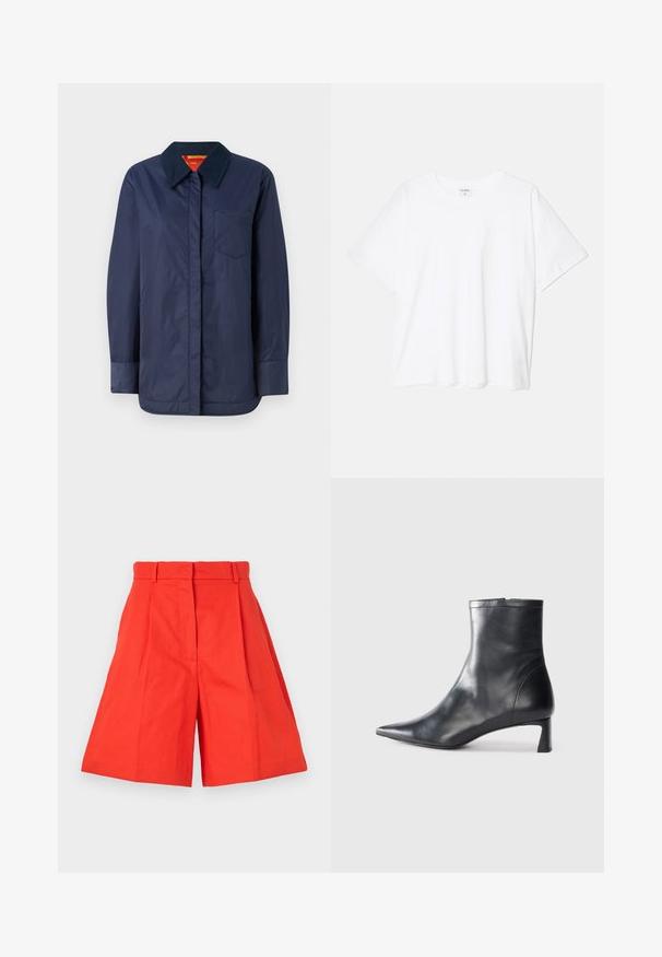 Mornarsko plava jakna dugih rukava s šiljastim ovratnikom, prednjim džepom i glatkom teksturom. Ima kontrastnu unutarnju podstavu u crvenoj i žutoj boji.; Bijela pamučna majica s kratkim rukavima, okruglim izrezom, opuštenim krojem i šivenim rubom. Etiketa je vidljiva na unutarnjoj strani vrata.; Crvene pamučne šortse s visokim strukom, sa pregibima i širokim krojem. Glatka tekstura i čiste linije. Bez džepova ili ukrasa.; Crne kožne gležnjače s uskim vrhom i elegantnim dizajnom. Imaju niski potpetak i zatvaranje na patentni zatvarač straga. Glatka tekstura.