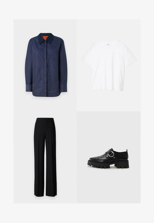 Mornarško modra jakna z dolgimi rokavi, s koničastim ovratnikom, sprednjim žepom in gladko teksturo. Ima kontrastno notranjo podlogo v rdeči in rumeni barvi.; Bela bombažna majica s kratkimi rokavi, okroglim izrezom, sproščenim krojem in šivanim robom. Oznaka vidna na notranji strani izreza.; Črne široke hlače z gladko teksturo, z visokim pasom in središnjimi pregibi. Brez vidnih vzorcev ali kovinskih detajlov.; Črne usnjene čevlje z debelim, rebrastim podplatom, ki imajo okroglo srebrno kovinsko dodatno opremo in minimalne šive.
