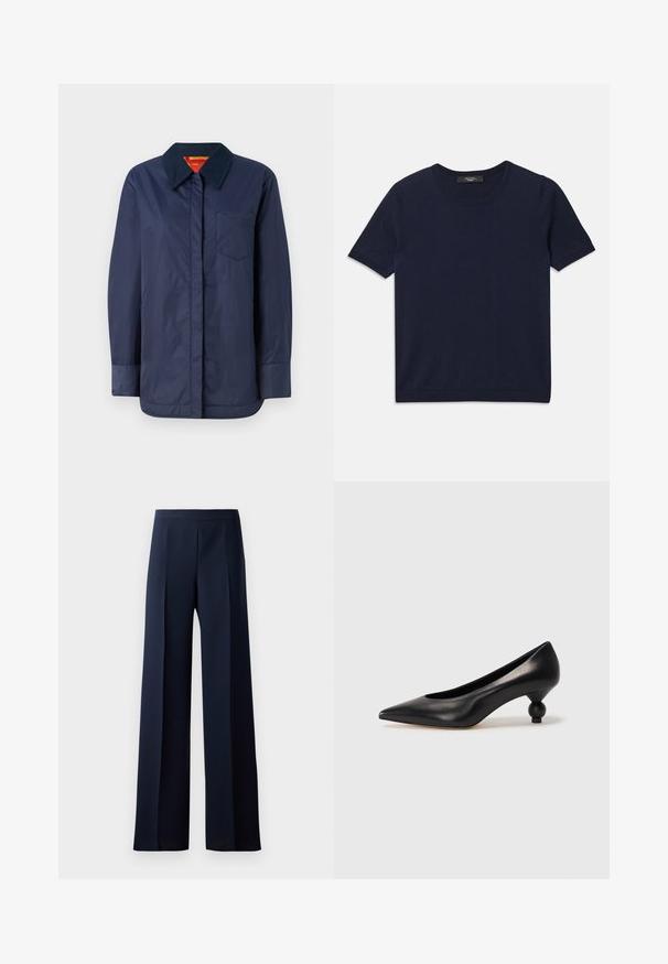Marineblauwe lange mouw jacket met een puntige kraag, voorzak en een gladde textuur. Heeft een contrasterende voering aan de binnenkant in rood en geel.; Navyblauwe T-shirt met korte mouwen van zacht materiaal, met een ronde halslijn en ribbelranden, een gladde textuur en zonder zichtbare patronen.; Wijde broek met een donkerblauwe stof, met een gladde textuur, subtiele voorplooien en een aansluitende tailleband voor een gestroomlijnde silhouette.; Zwarte leren hoge hak schoen met een spitse neus en een ronde, bolle hak. Gladde textuur met een elegant, minimalistisch ontwerp.