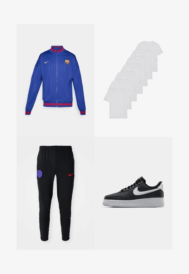 Sininen vetoketjullinen takki, joka on valmistettu sileästä kankaasta ja jossa on pystysuuntaiset raidoitukset. Takissa on punaisia ja kultaisia yksityiskohtia sekä brodattu joukkueen logo rinnassa.; Valkoiset puuvillapaidat, lyhyet hihat, pyöreä kaula-aukko, yksinkertainen pinta, pinottuina riviin, jossa on hienoinen brändäys kaula-aukossa.; Musta urheiluhousut, jotka on valmistettu sileästä kankaasta. Oikeassa lahkeessa punainen Nike-logo ja sininen Pariisi-embleemi. Joustava vyötärö ja kapenevat lahkeet.; Musta nahkakengät, joissa on teksturoitu pinta, valkoinen Nike -logo, harmaa pohja, pyöreä kärki ja nauhakiinnitys. Varustettu rei'illä kärkilaatikossa.